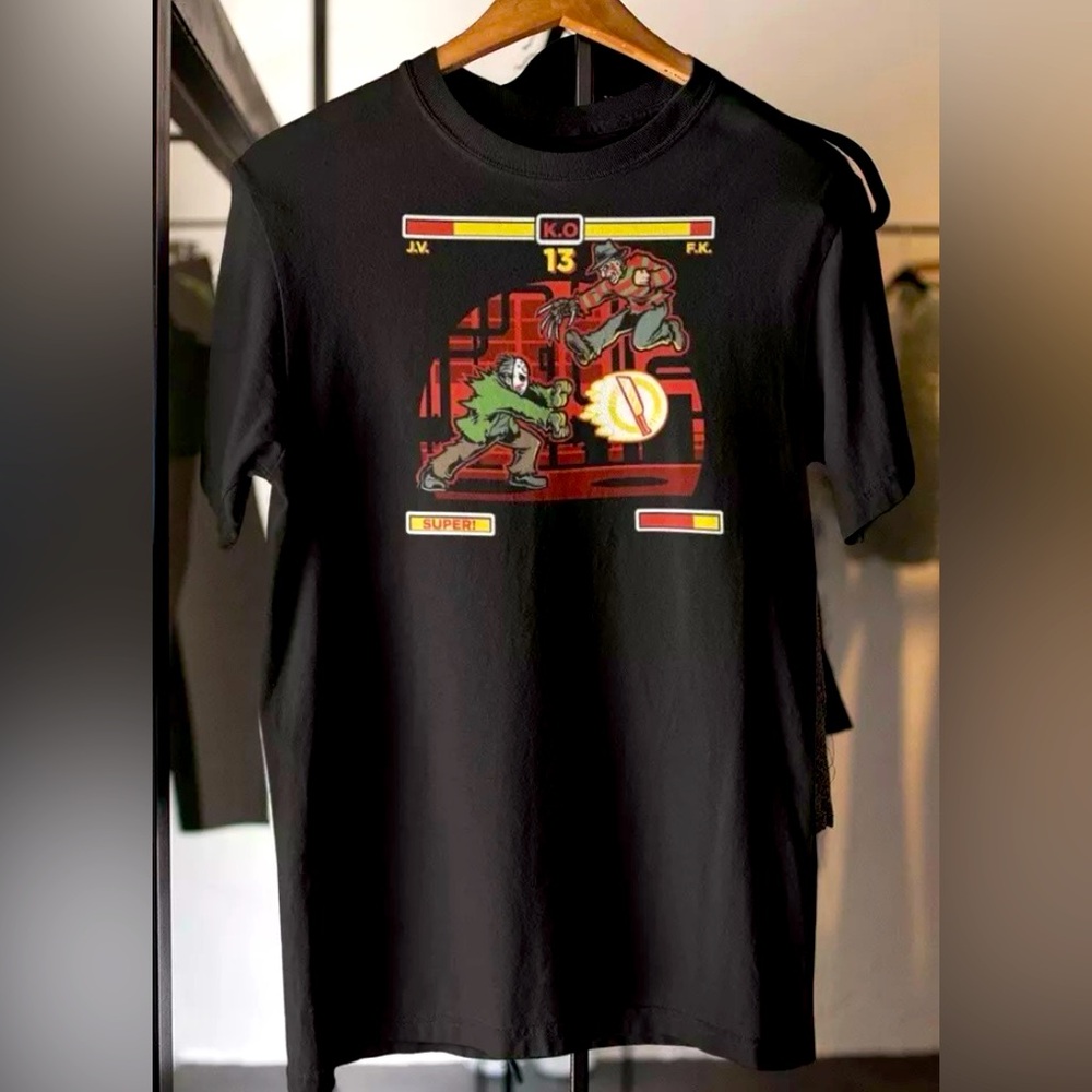 Jason Voorhees Vs Freddy Krueger Play Game Halloween Men’s Black Tee NWT